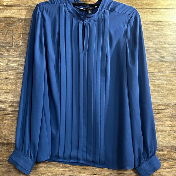 White House Black Market Tops - White House Black Market Blue Pleated Blouse with Mandarin Collar